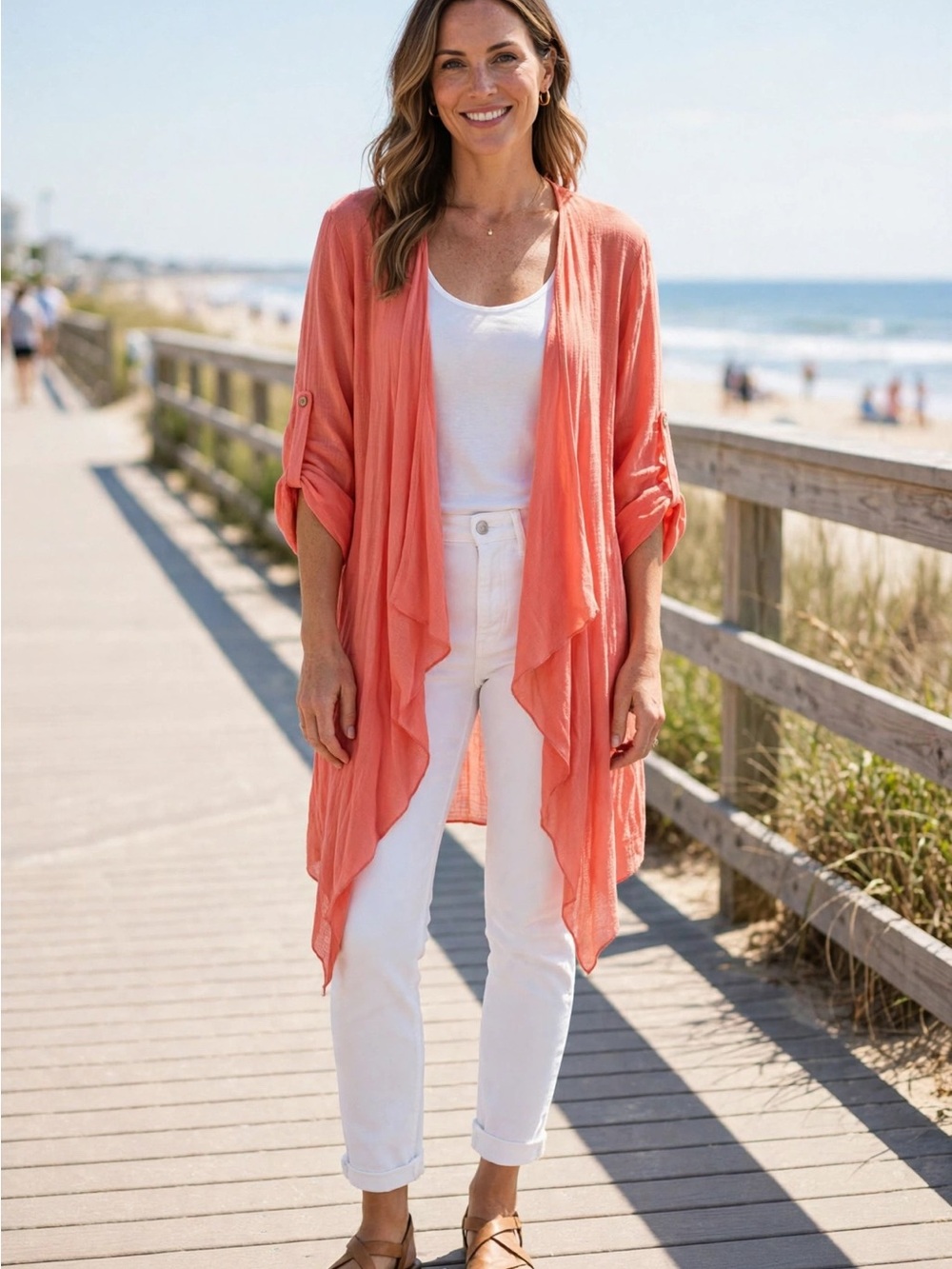 Exclusive By Alina Cardigan Womens L Coral Kimono Open Front Roll Tab Sleeve
